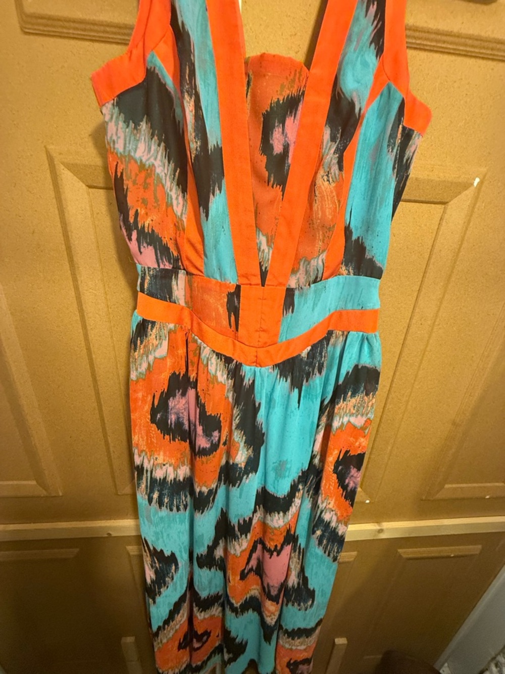 Gianni Bini Colorful Maxi Dress V-Neck Turquoise Orange Print Size M - Picture 3 of 15